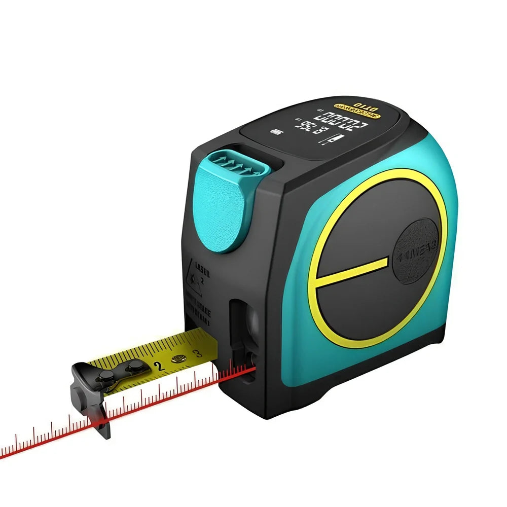 2-in-1 laser and tape measure tool with magnetic hook showing extended blade and laser measurement display