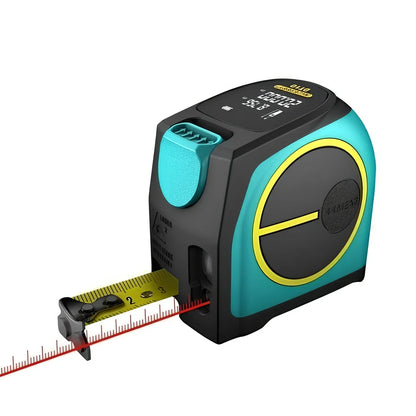 2-in-1 laser and tape measure tool with magnetic hook showing extended blade and laser measurement display