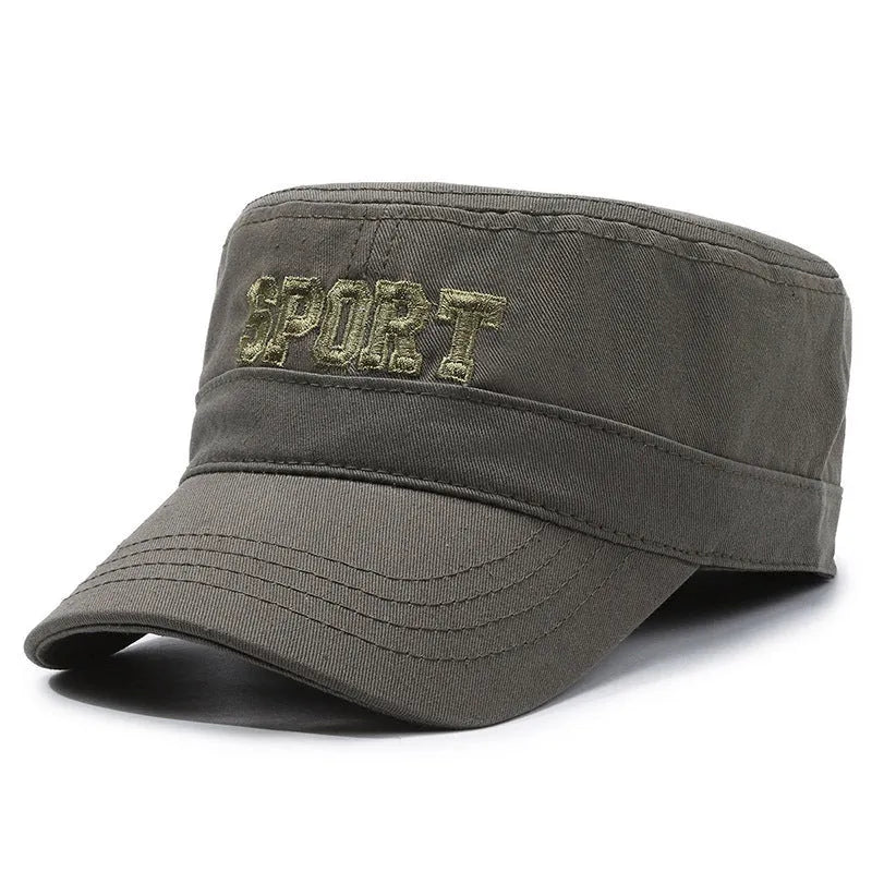 Men's adjustable cotton flat-top peaked cap in army green with dome crown and English letter detailing