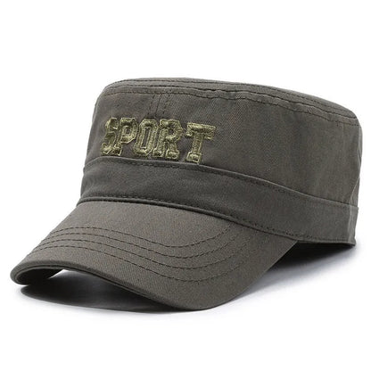 Men's adjustable cotton flat-top peaked cap in army green with dome crown and English letter detailing