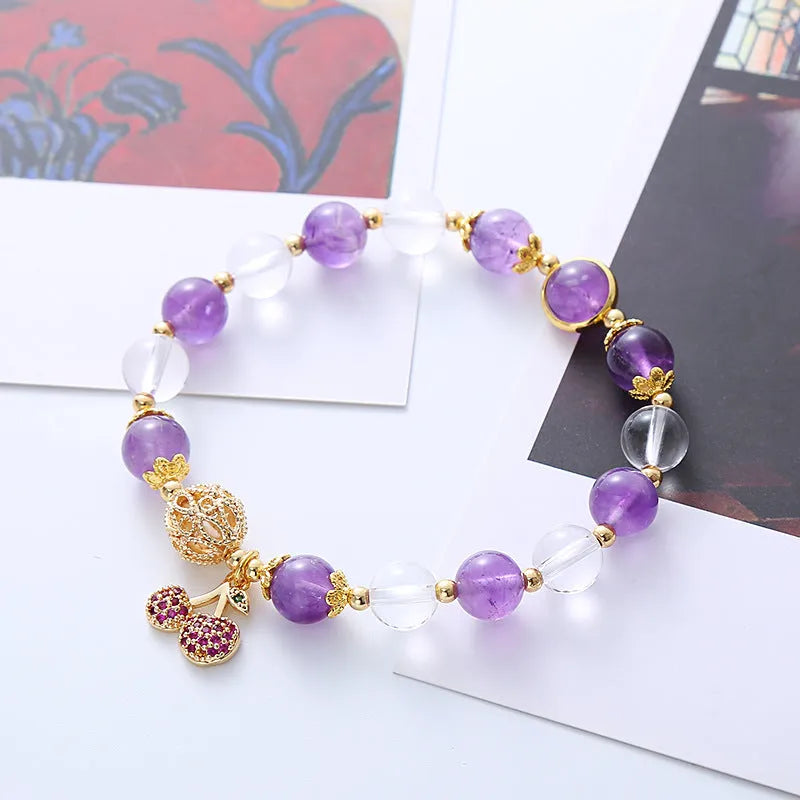 Purple crystal bracelet with micro-inlaid cherry flower design, sweet style.