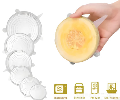 Set of six flexible silicone pot lids in assorted sizes on a kitchen counter.