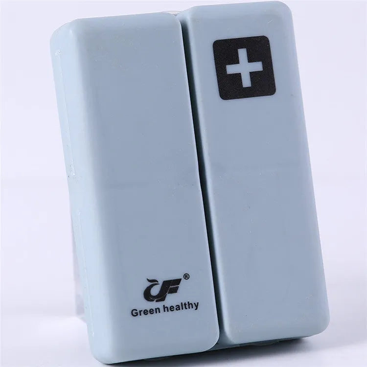 Blue foldable pill box with seven compartments and magnetic closure showing open and closed positions