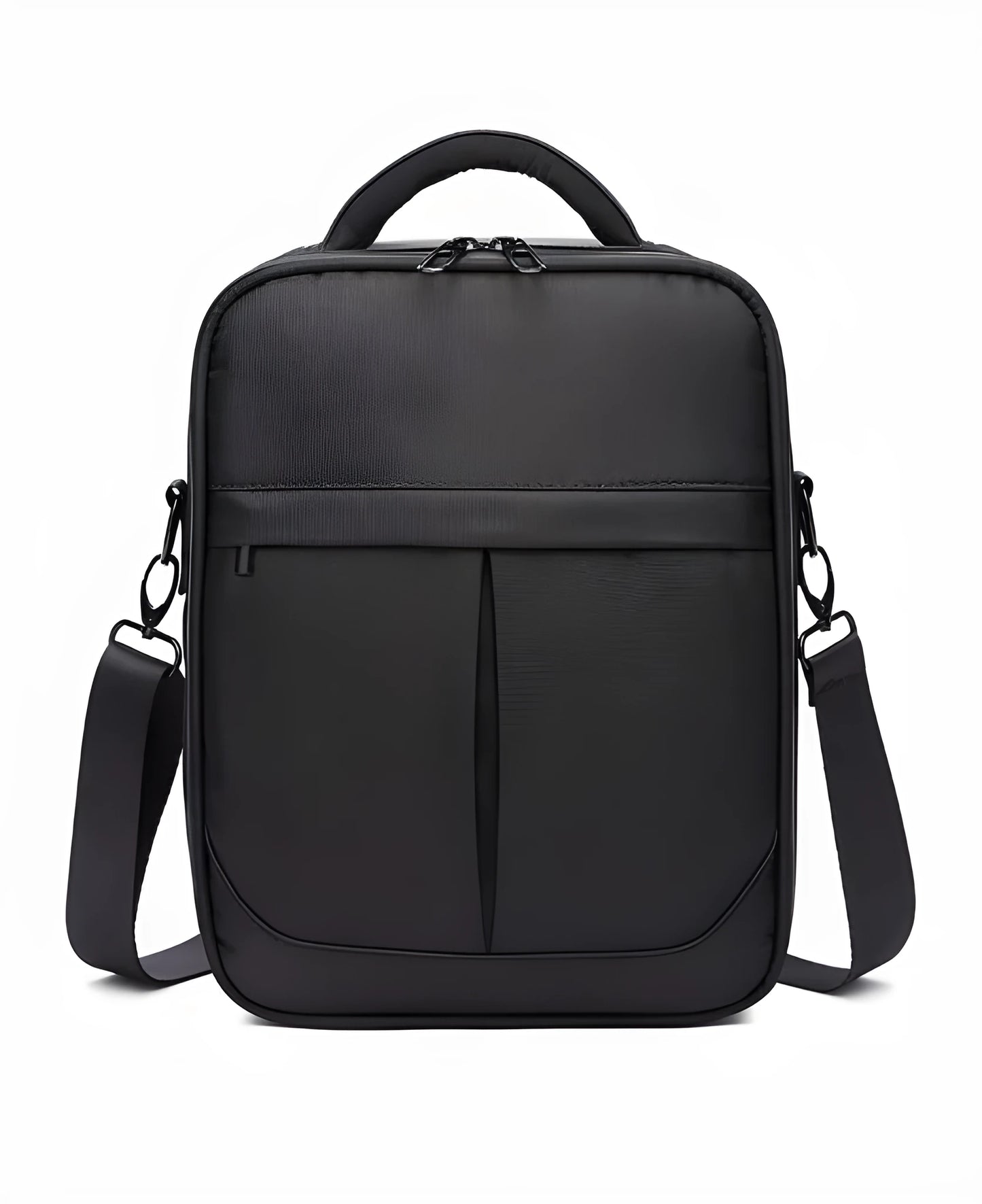 Black men's messenger shoulder bag made from Oxford fabric showing its structured shape and shoulder strap.