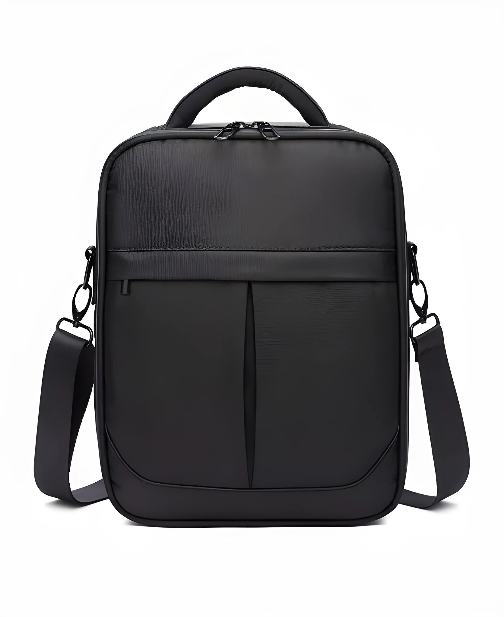Black men's messenger shoulder bag made from Oxford fabric showing its structured shape and shoulder strap.