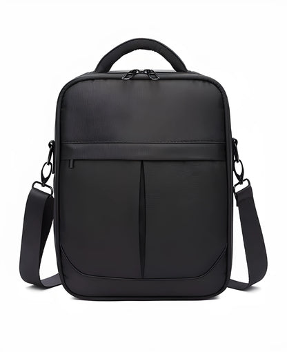 Black men's messenger shoulder bag made from Oxford fabric showing its structured shape and shoulder strap.