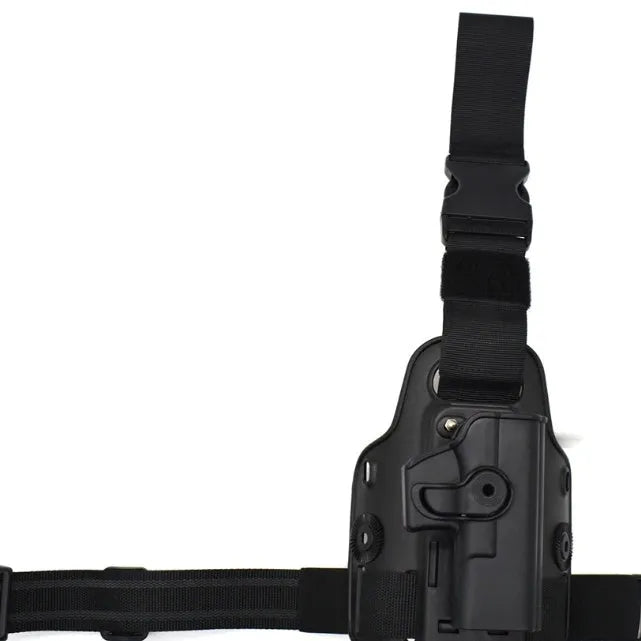 Green tactical leg holster with plastic quick-pull waist plate for attaching a hydration pack.