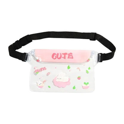 Waterproof PVC phone waist bag with adjustable waistband and touch screen, cartoon animal design, free size