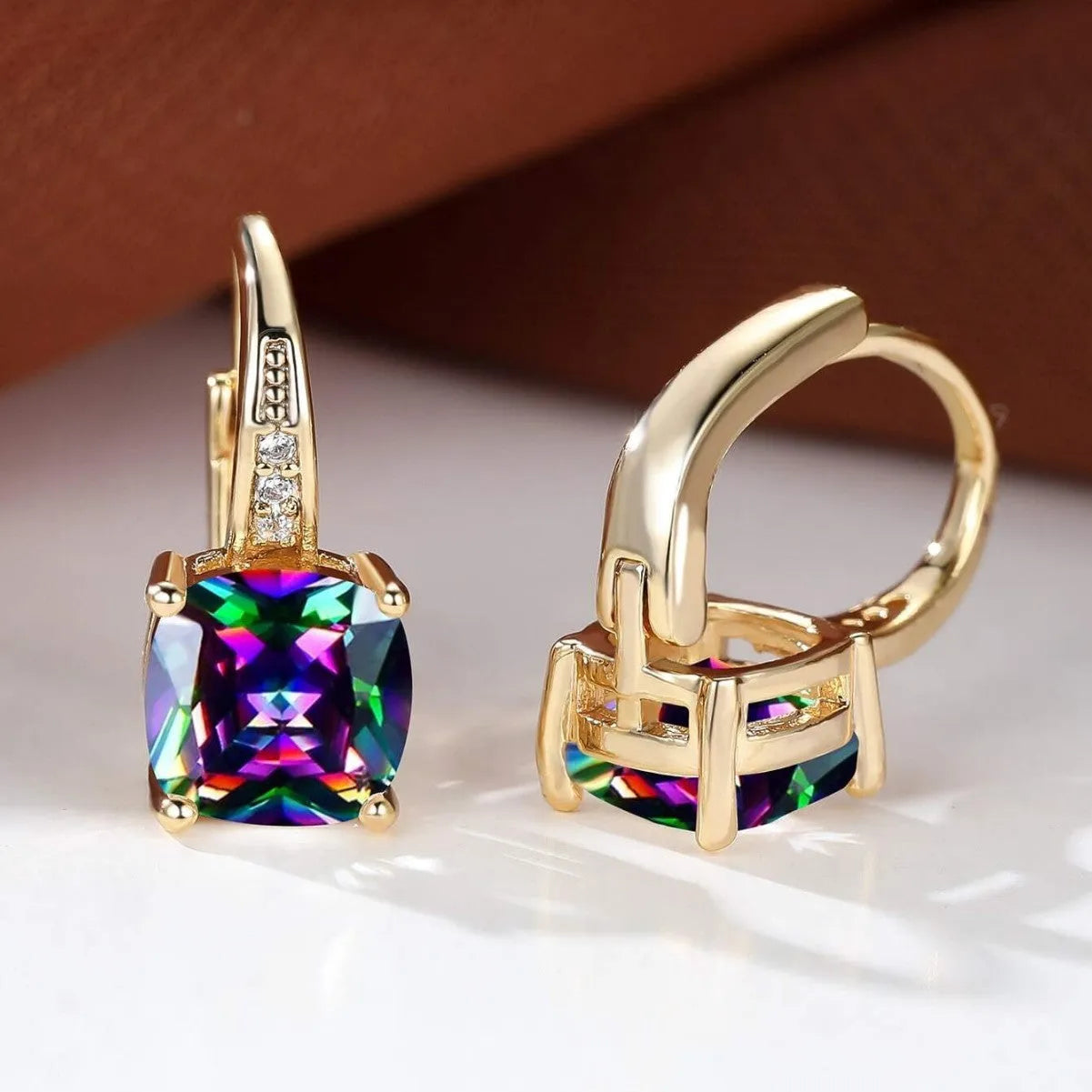 Square geometric ear clip with moissanite stones and electroplated gold finish
