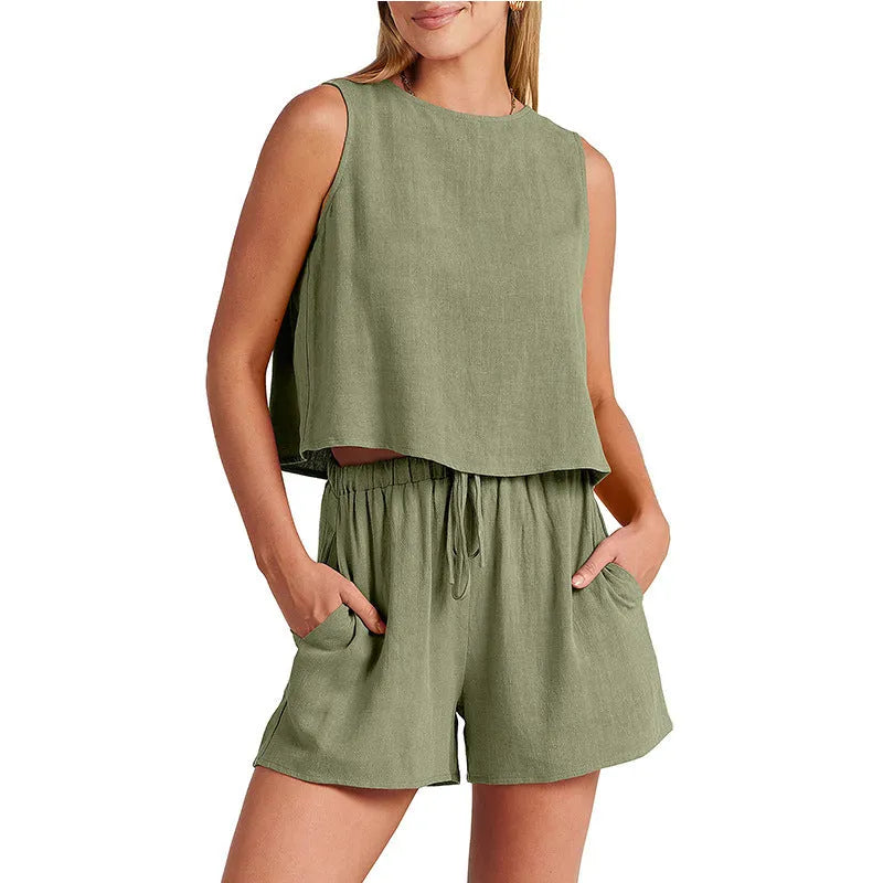 Women's apricot rayon linen summer suit set showing sleeveless top and drawstring shorts