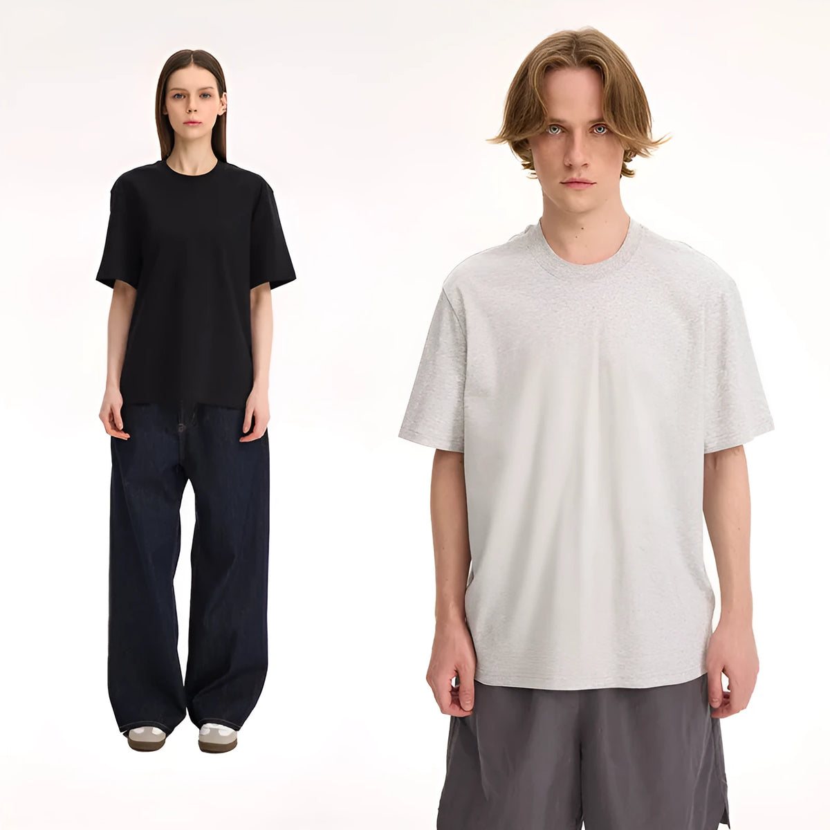 Pure cotton solid colour short-sleeve T-shirt in black, white, grey, or melange grey, sizes S-XL