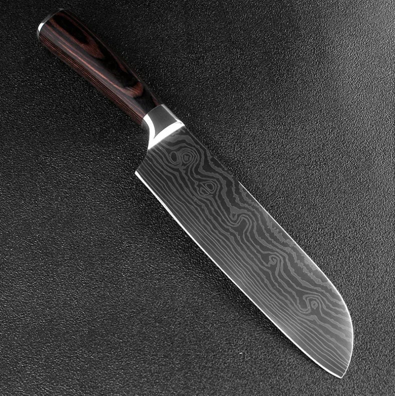 7-inch chef knife with laser Damascus pattern on blade and coloured steel handle on a cutting board.