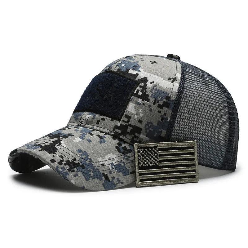 Adjustable camouflage baseball cap with Velcro closure and machine embroidery detailing