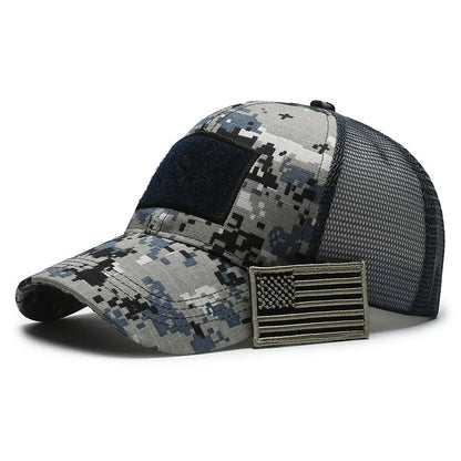 Adjustable camouflage baseball cap with Velcro closure and machine embroidery detailing
