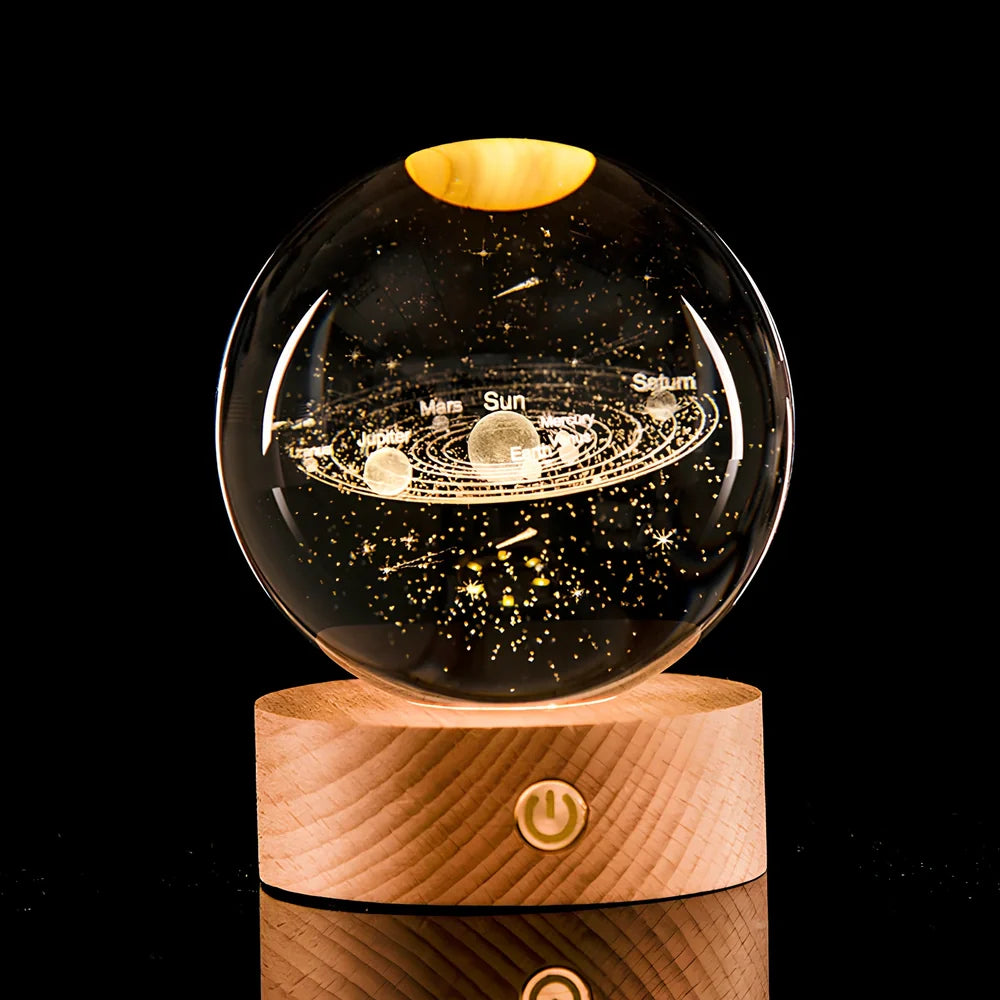 Luminous Galaxy Crystal Ball with 3D laser inner carving showing celestial patterns and gradient lighting