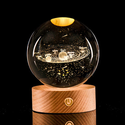 Luminous Galaxy Crystal Ball with 3D laser inner carving showing celestial patterns and gradient lighting