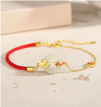 Women's retro 925 silver bracelet with gold electroplated koi fish and peace buckle design