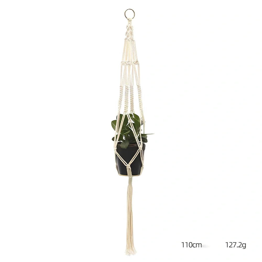 Hand-knitted cotton flowerpot net bag showing intricate pattern and hanging installation with plant