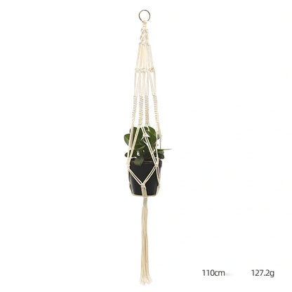 Hand-knitted cotton flowerpot net bag showing intricate pattern and hanging installation with plant