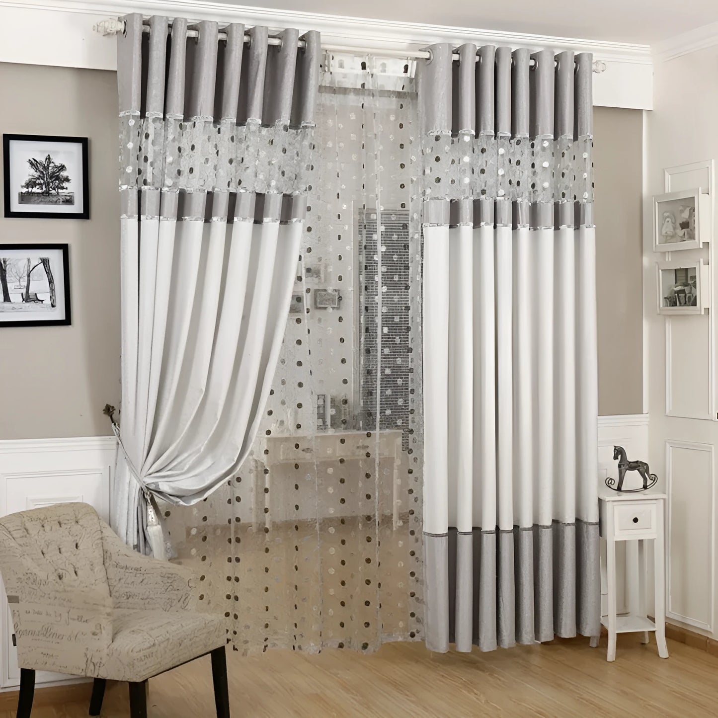 A single blackout curtain panel hanging, demonstrating its dense, light-blocking fabric and neat drape.