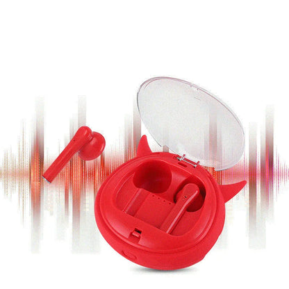 Macaron Red true wireless Bluetooth 5.0 headset with in-ear design showing battery display
