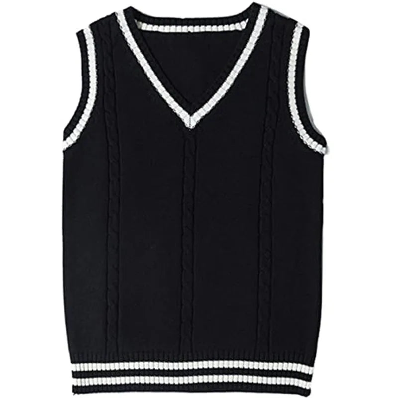 Women's V-neck striped stitching knitted sweater in slim fit, available in white, black, dark blue, wine red, and brown