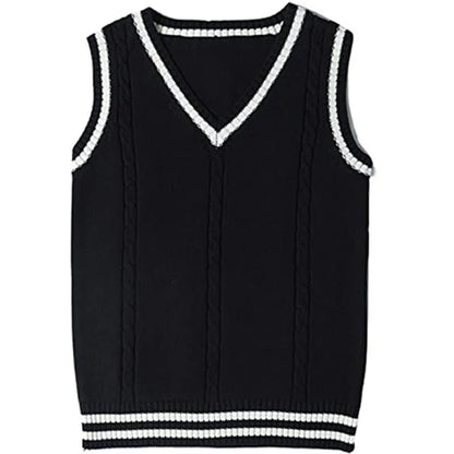 Women's V-neck striped stitching knitted sweater in slim fit, available in white, black, dark blue, wine red, and brown