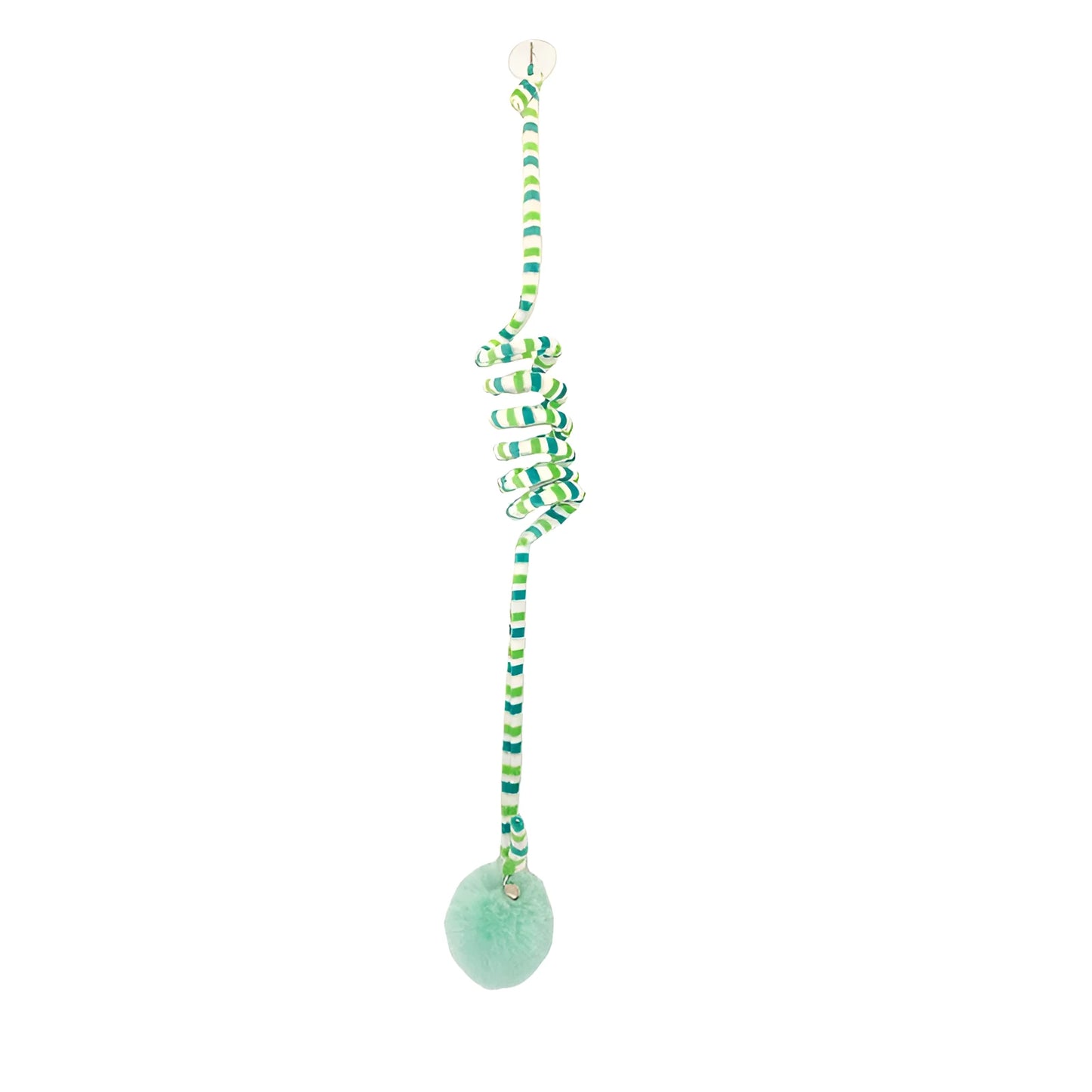 Hanging cat toy with spring, bell, and inflatable ball attached to a door via a suction cup.
