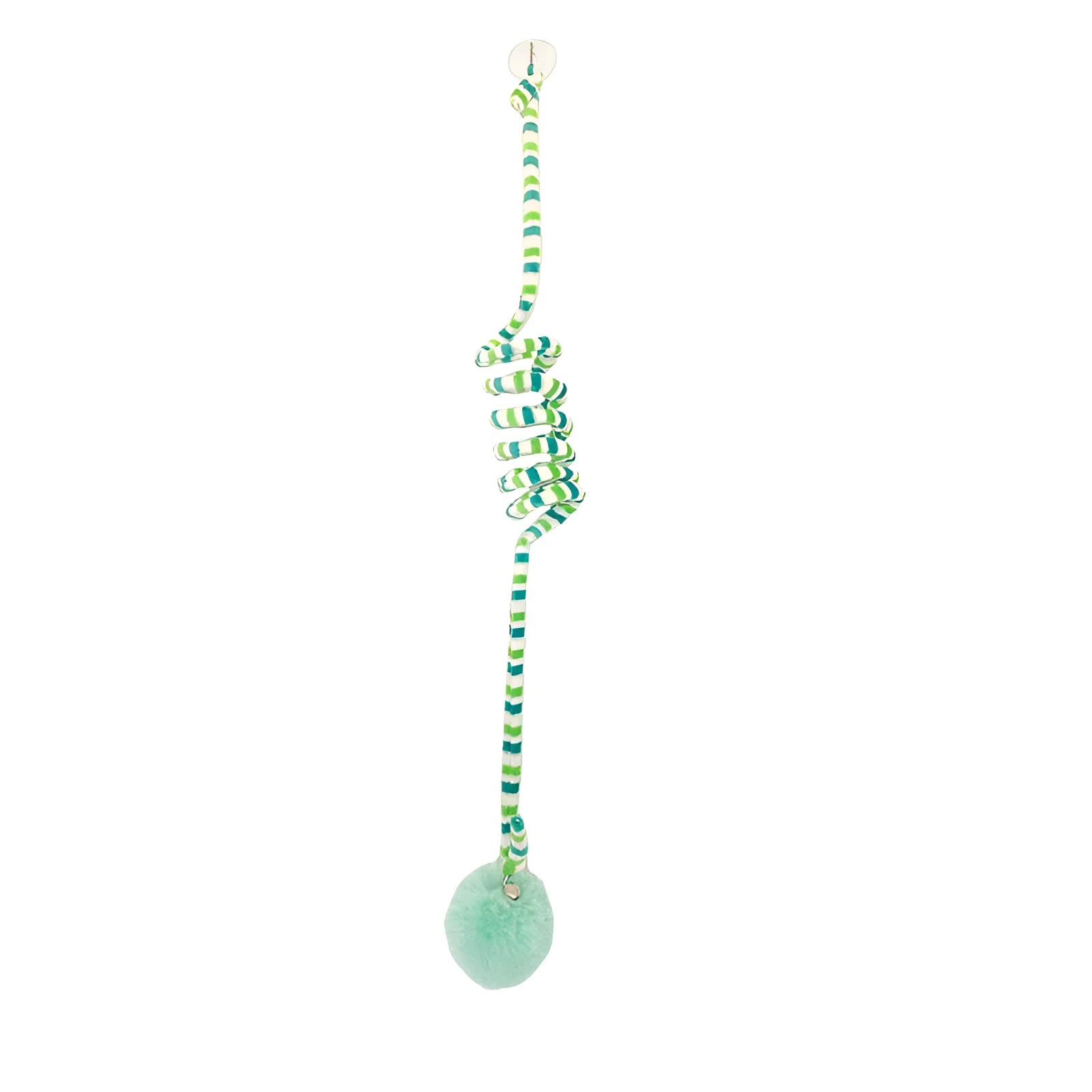 Hanging cat toy with spring, bell, and inflatable ball attached to a door via a suction cup.