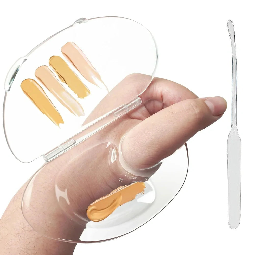 Transparent acrylic makeup mixing palette showing storage groove and colour test areas