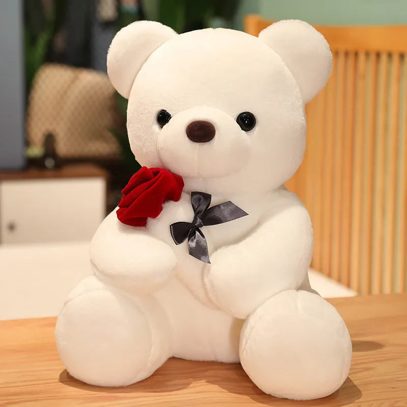Rose bear plush stuffed animal pillow in beige, brown, or grey colours with soft short plush material