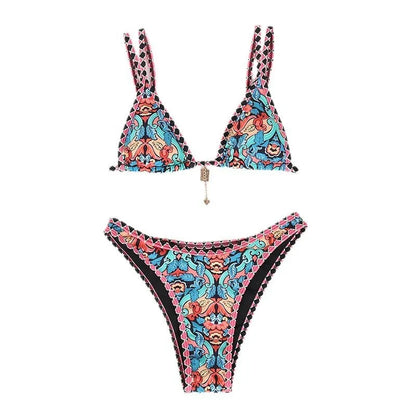 Retro 4-colour printed women's bikini swimwear set with European-American pattern style