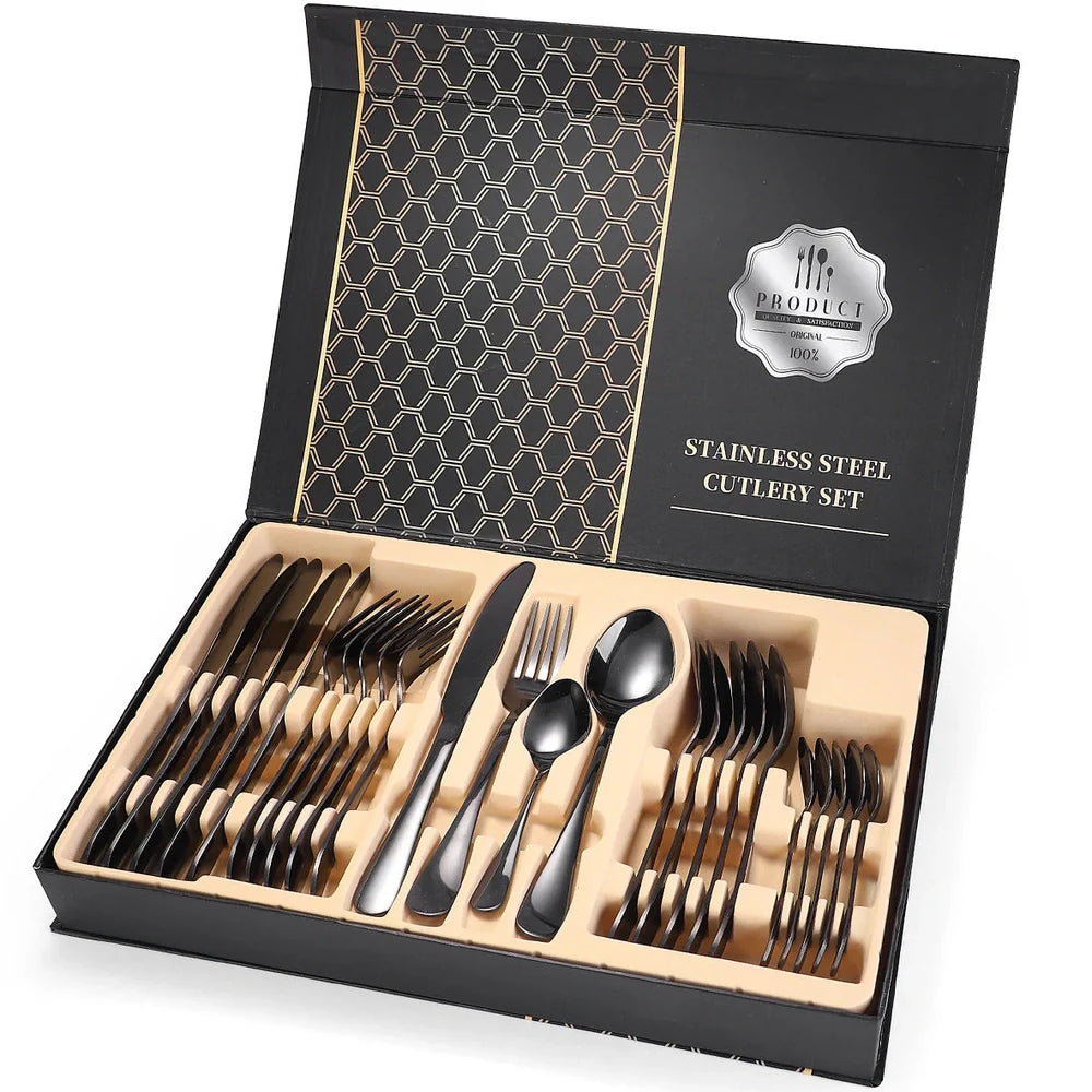 24-piece 18/10 stainless steel cutlery set in silver finish with knives, forks, spoons for six, optional wood box storage