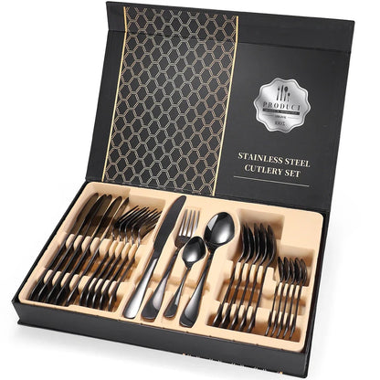 24-piece 18/10 stainless steel cutlery set in silver finish with knives, forks, spoons for six, optional wood box storage