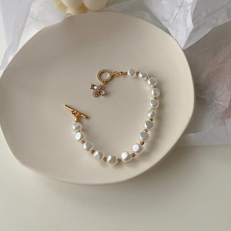Classic Natural Stone Pearl Pendant Bracelet with insect motif for women