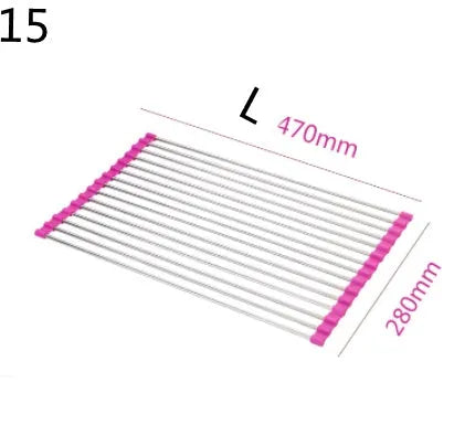 Folding stainless steel kitchen drain rack with coloured plastic tubes, shown open for use.