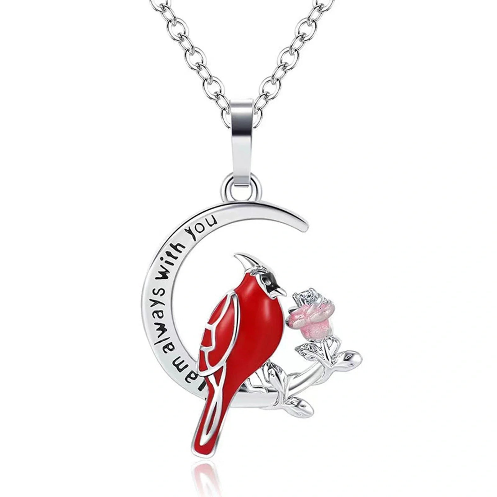 Elegant heart-shaped cardinal pendant necklace with a silver finish, perfect for gifting.