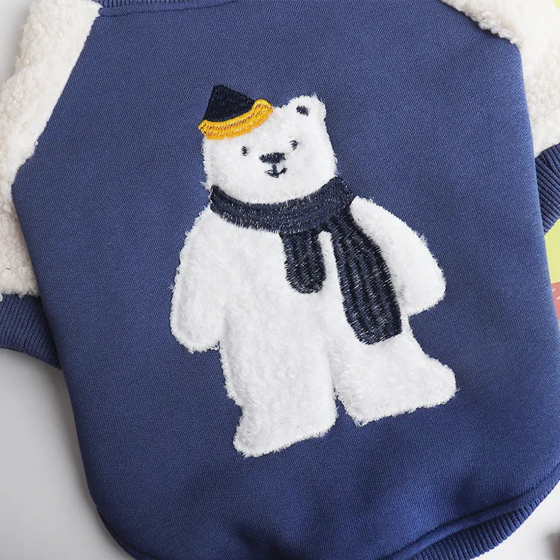 Dark blue fleece-lined cotton winter jumper for dogs on a white background