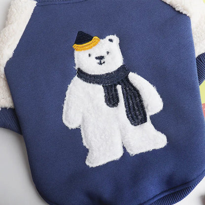 Dark blue fleece-lined cotton winter jumper for dogs on a white background
