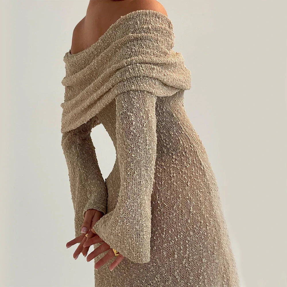 One-shoulder knit maxi dress in various colors, featuring a high-waisted silhouette and flowing skirt for a flattering and stylish look.