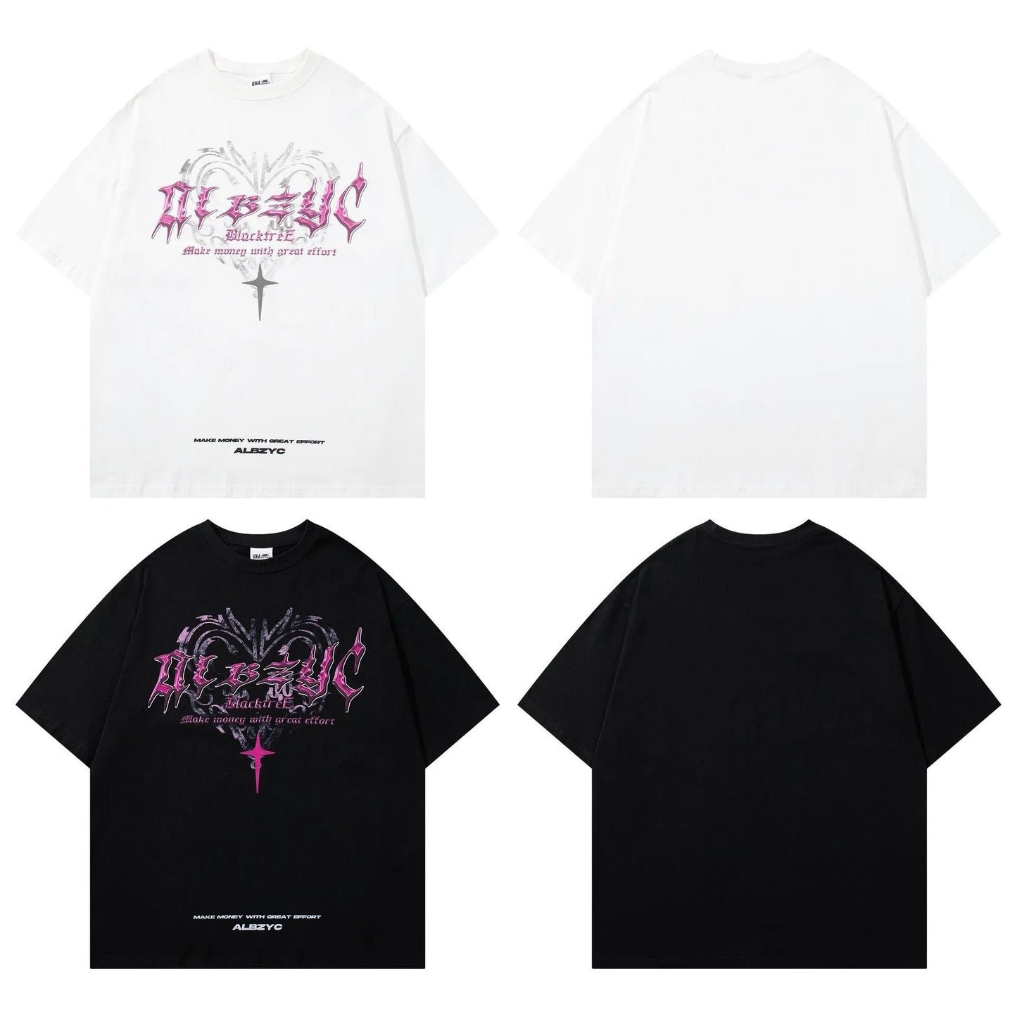 Men's loose fit black cotton t-shirt with a fashion print, short sleeves, and round neck.