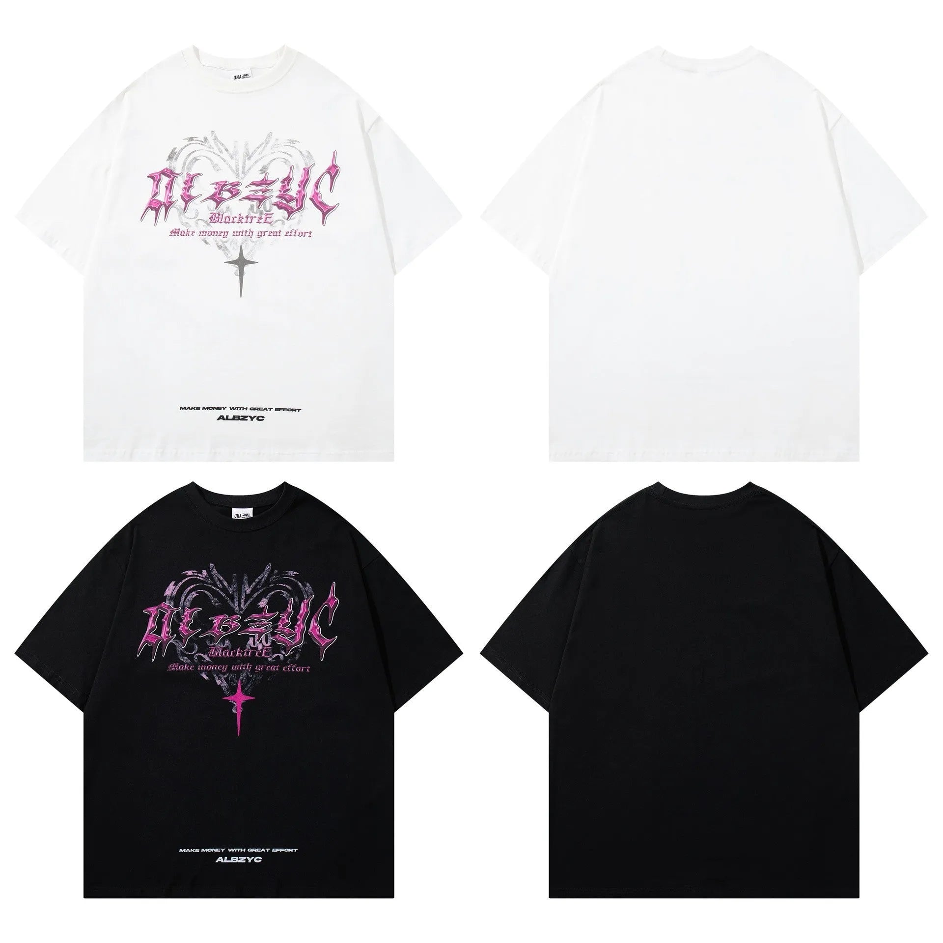 Men's loose fit black cotton t-shirt with a fashion print, short sleeves, and round neck.