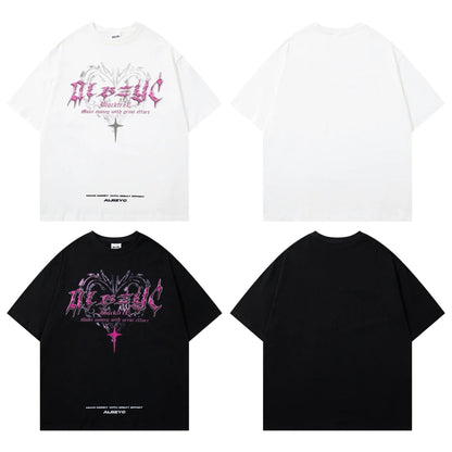 Men's loose fit black cotton t-shirt with a fashion print, short sleeves, and round neck.