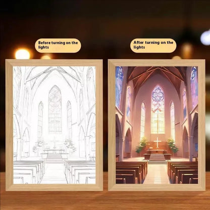 Modern rectangular light painting photo frame displaying an illuminated cross and scenic artwork.