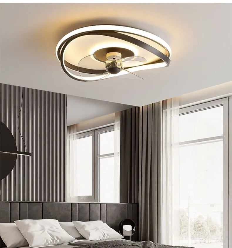 Modern black ceiling fan lamp with LED light and remote control for bedroom or dining room