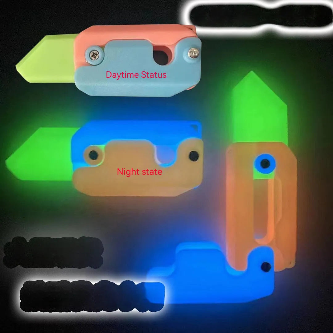 3D printed plastic carrot fidget knife with retractable blade, shown in orange and green colour scheme.