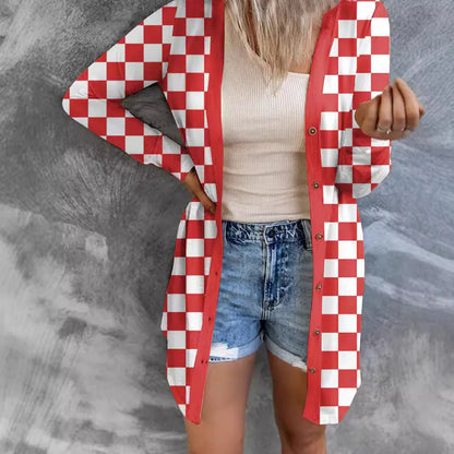 Women's long plaid knitted cardigan coat in polyester fabric with regular sleeves