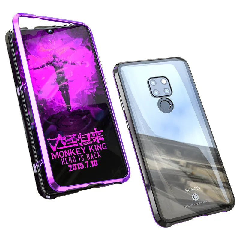 Magnetic phone case with metal frame and 9H tempered glass back in black, blue, red, or white for Honor and Huawei phones