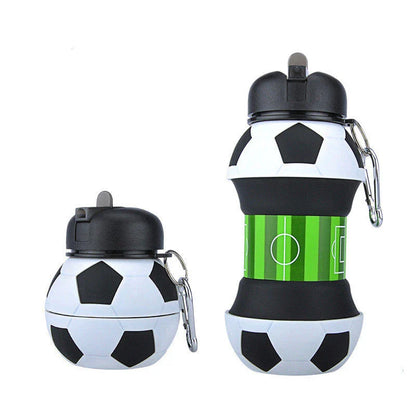 Collapsible football-shaped silicone water bottle with straw, featuring a foldable and leak-proof design for sports and travel