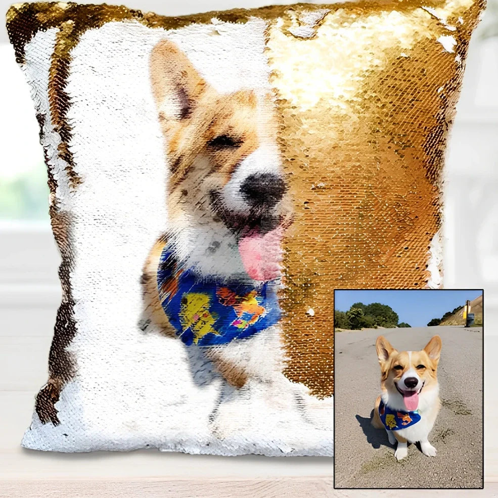 Custom photo sequin cushion cover measuring 40cm square with reversible gold silver luminous surface